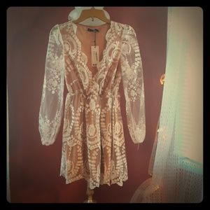 Lace plunge skater dress